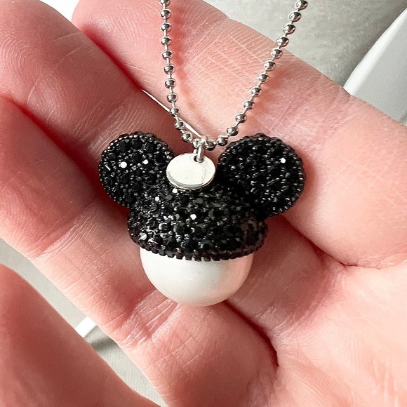 Mickey Mouse Sparkle Ears and Faux Pearl Pendant Necklace on a Silver Tone Chain - Picture 2 of 6